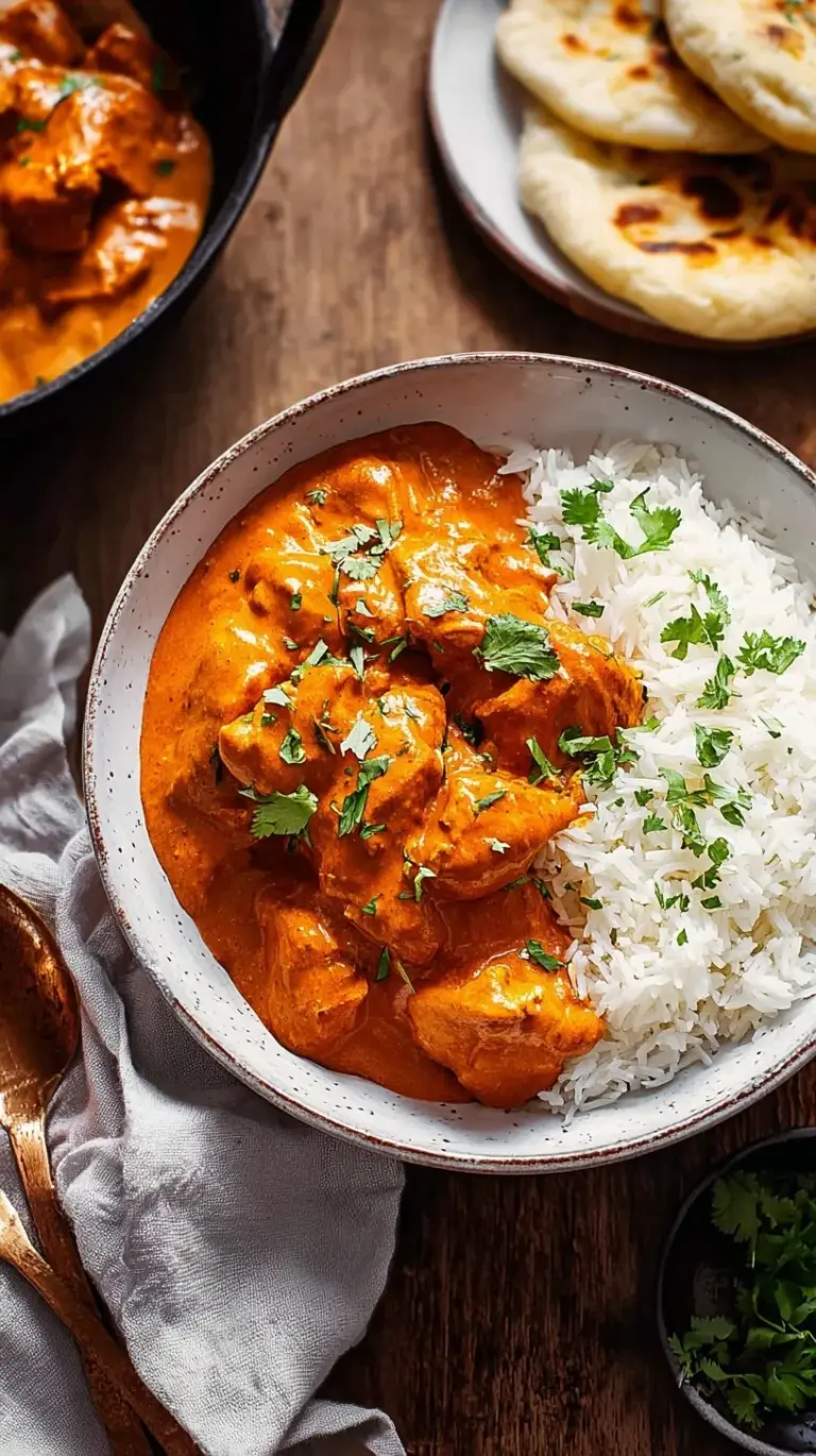 A close-up of a bowl of golden Butter Chicken with fluffy basmati rice and fresh cilantro, ready to be served.