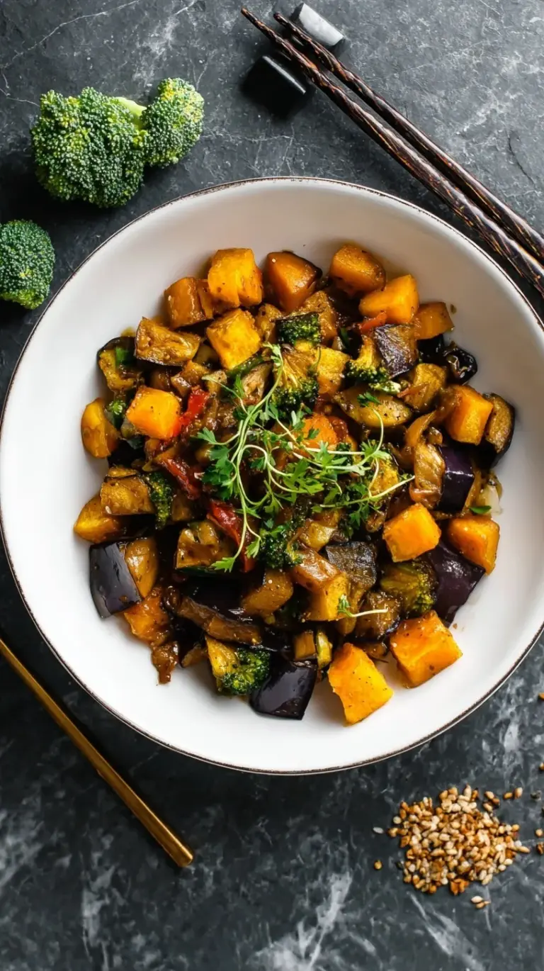 A vibrant stir fry with cubes of butternut squash and eggplant in a glossy ginger-soy sauce.