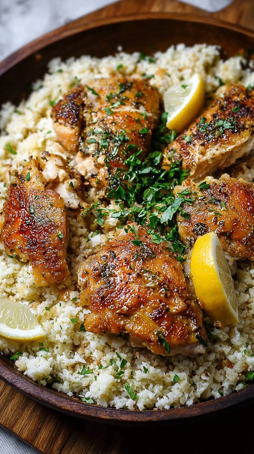 Pan-seared garlic herb chicken breasts resting on a bed of lemon parmesan cauliflower rice