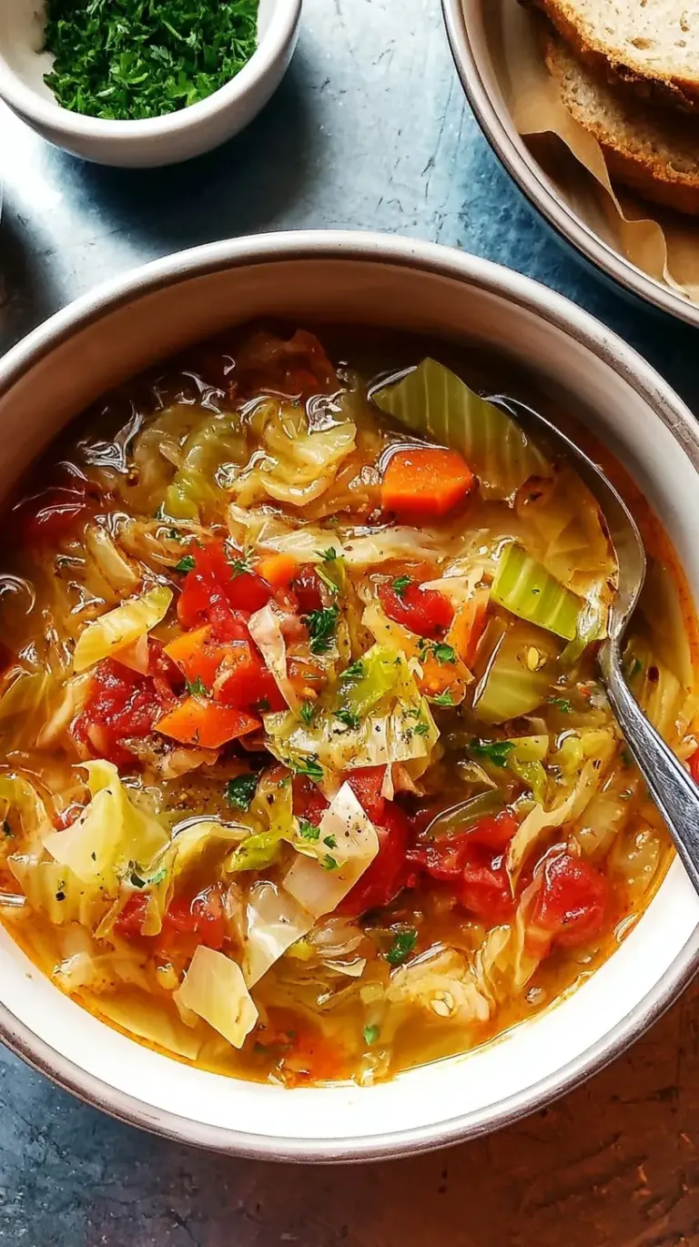 A steaming bowl of savory cabbage soup with carrots and tomatoes in a clear broth.