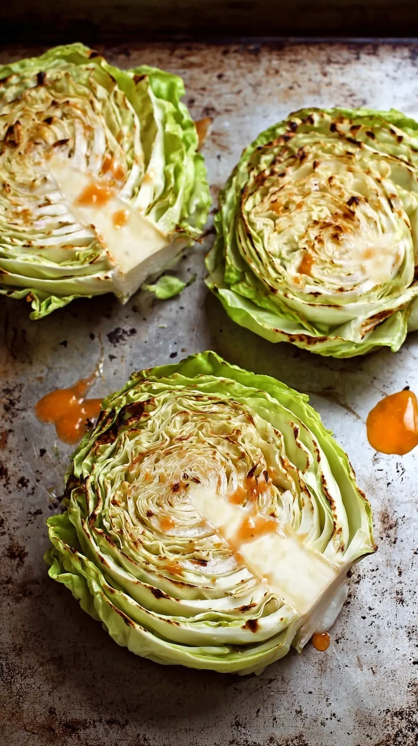 Slices of roasted cabbage steaks on a baking sheet with golden brown edges and garlic seasoning.