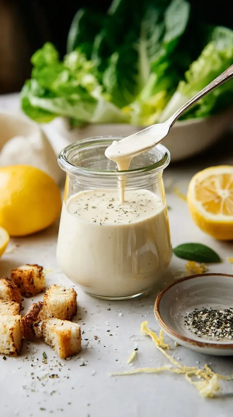 A bowl of creamy homemade Caesar Dressing with fresh romaine lettuce and croutons in the background.