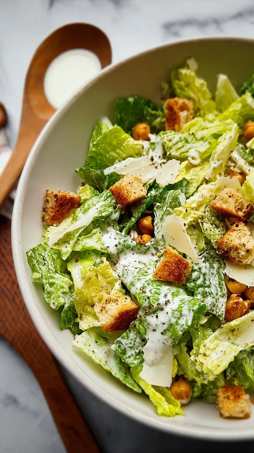 A vibrant bowl of homemade Caesar Salad with crisp romaine lettuce, golden croutons, and creamy dressing, garnished with Parmesan.