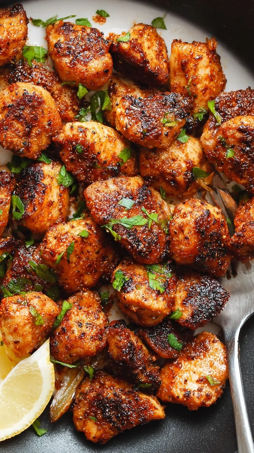 Sizzling golden-brown Cajun chicken bites in a skillet with lemon wedges and fresh parsley