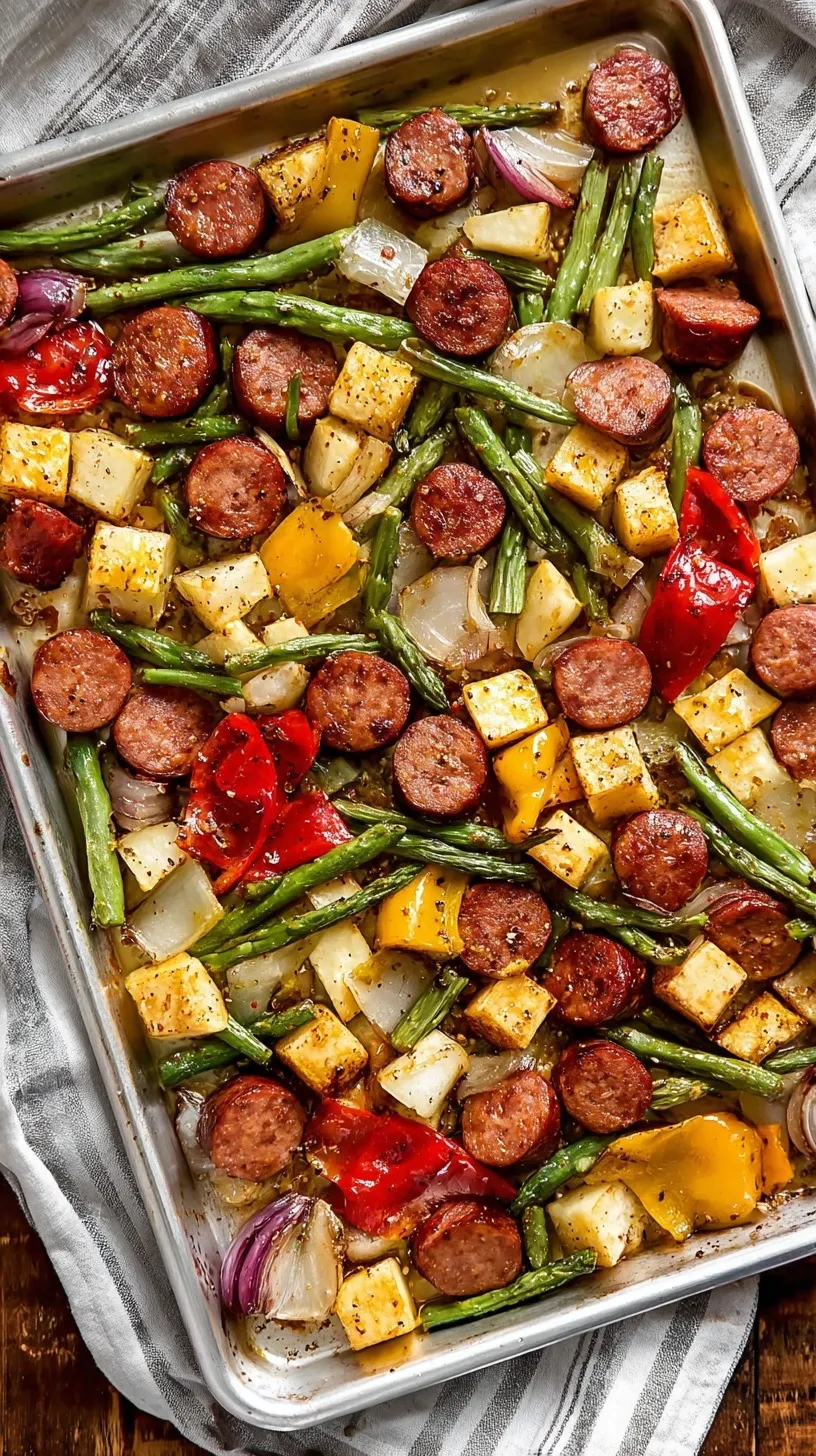 Vibrant Cajun Sheet Pan Sausage and Vegetables with colorful bell peppers, onions, and potatoes, fresh from the oven.