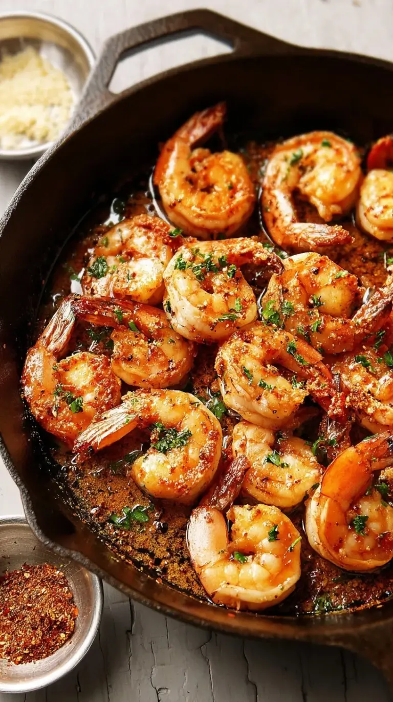 A close-up of a sizzling skillet filled with perfectly cooked, golden-red Cajun shrimp, garnished with fresh parsley.