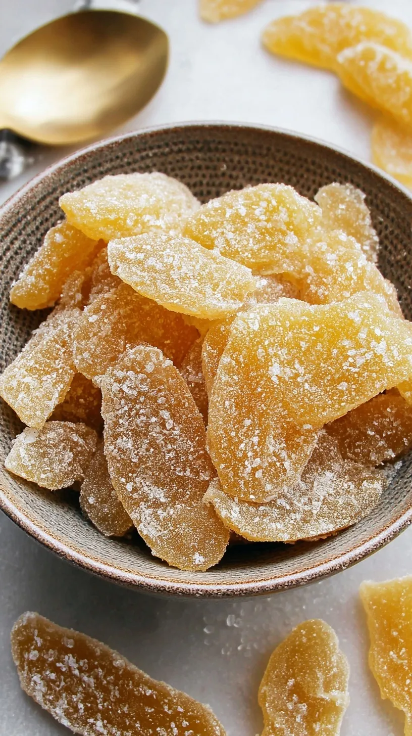 Golden candied ginger pieces coated in sugar crystals on a white plate, homemade crystallized ginger recipe