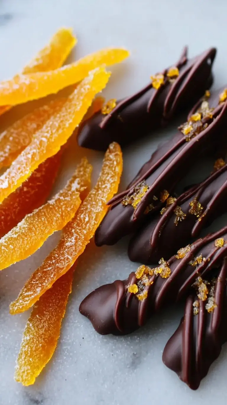 A close-up of glistening homemade Candied Orange Peel, half-dipped in rich dark chocolate, arranged on parchment paper.