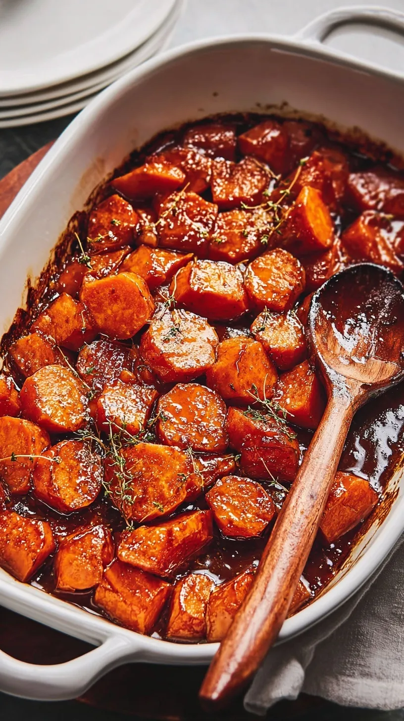 A close-up of golden candied yams in a baking dish topped with toasted marshmallows
