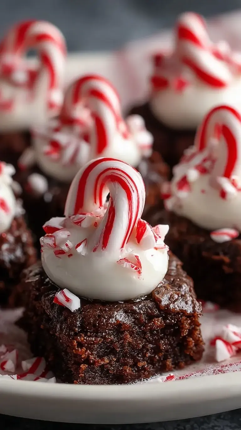Miniature chocolate brownie bites topped with striped peppermint candy cane kisses on a white plate.