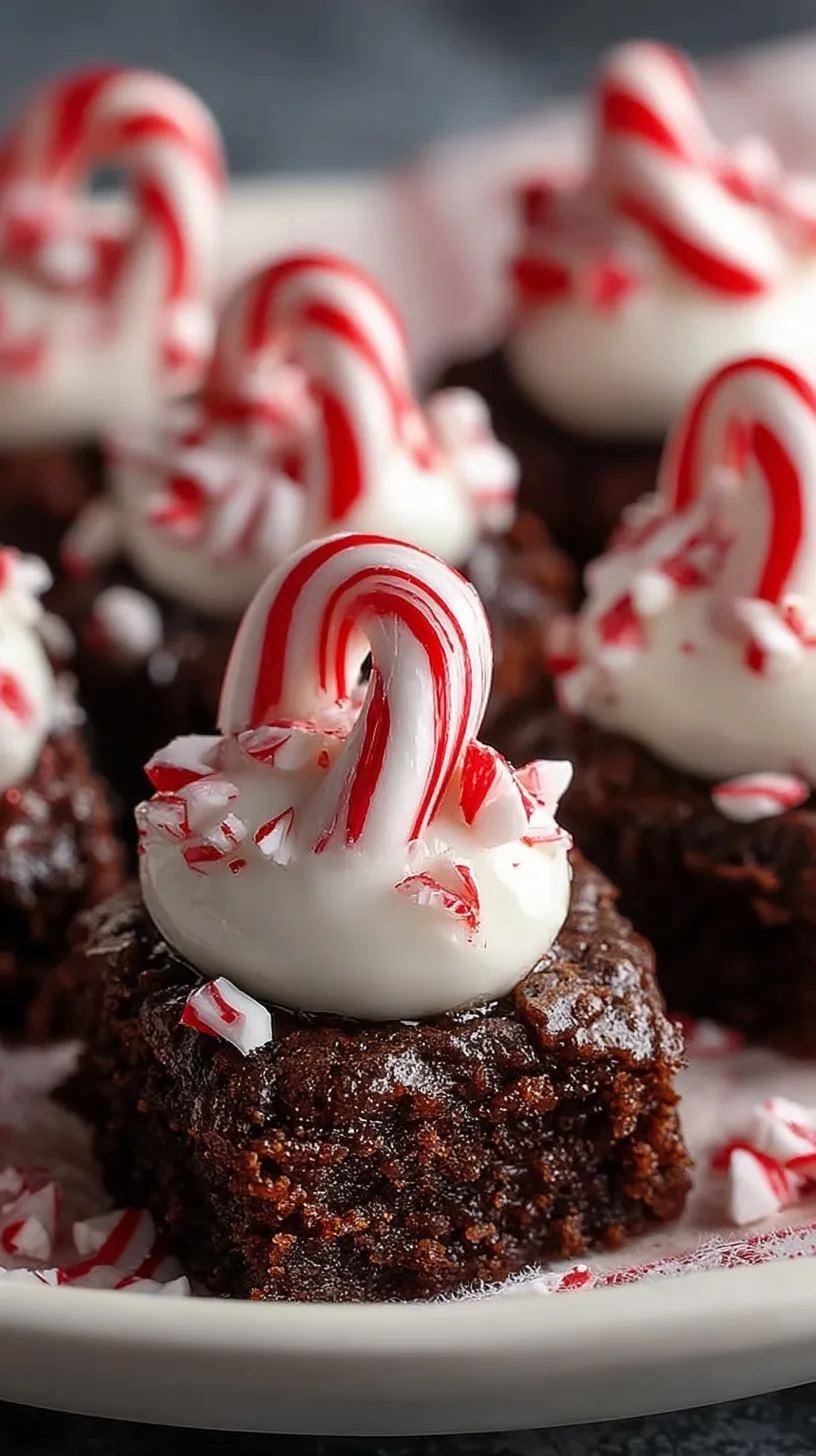 Miniature chocolate brownie bites topped with striped peppermint candy cane kisses on a white plate.
