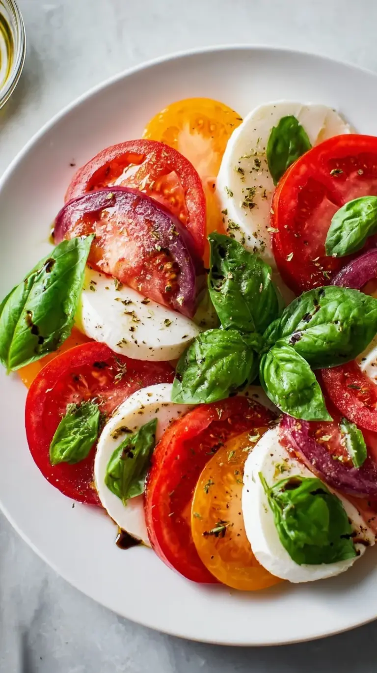 A beautiful platter of sliced red tomatoes and white mozzarella cheese topped with fresh green basil leaves and balsamic glaze.