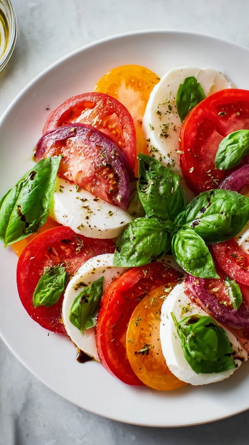 A beautiful platter of sliced red tomatoes and white mozzarella cheese topped with fresh green basil leaves and balsamic glaze.