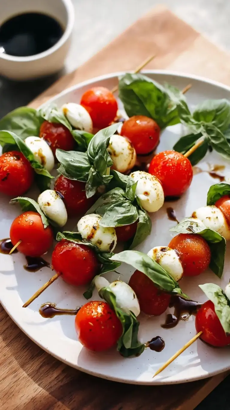 Close-up of vibrant Caprese skewers with cherry tomatoes, fresh mozzarella, and basil leaves, drizzled with balsamic glaze.