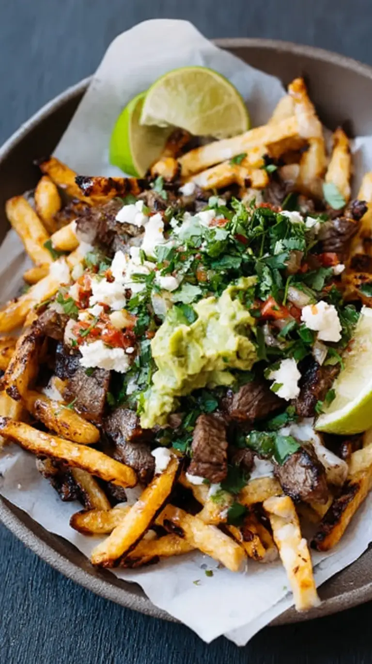 A baking sheet filled with crispy fries, grilled steak cubes, melted cheese, and fresh guacamole