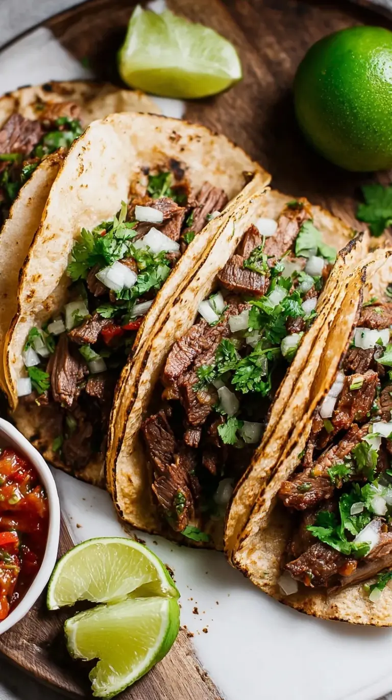 Grilled Carne Asada Tacos on corn tortillas with white onion, fresh cilantro, and lime wedges