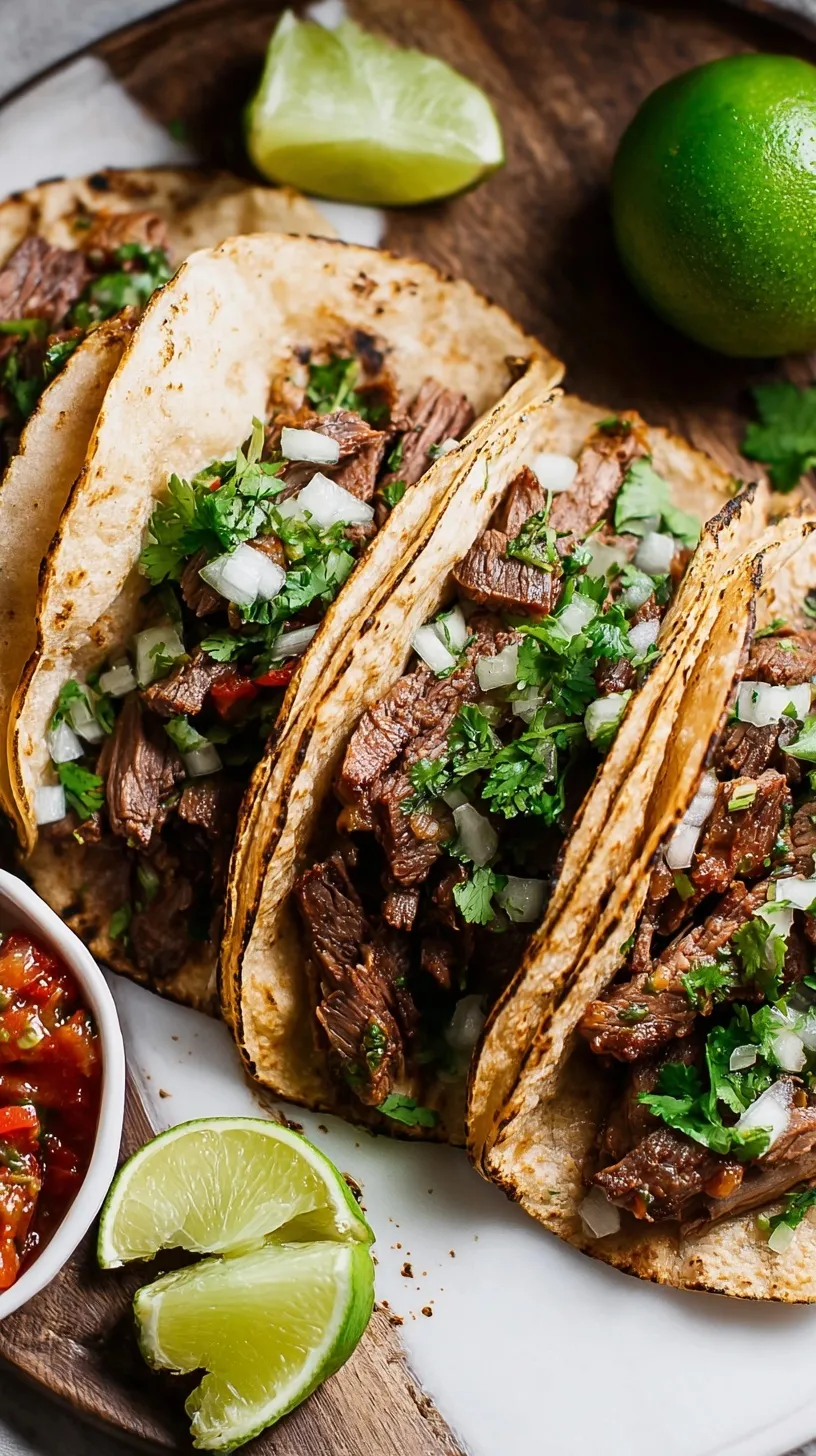 Grilled Carne Asada Tacos on corn tortillas with white onion, fresh cilantro, and lime wedges