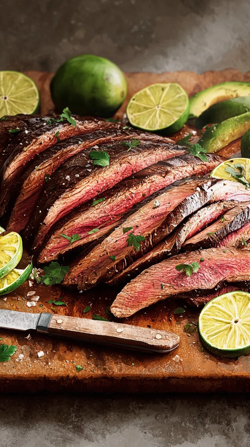 Close-up of perfectly grilled and thinly sliced Carne Asada steak with a vibrant marinade, ready to serve.