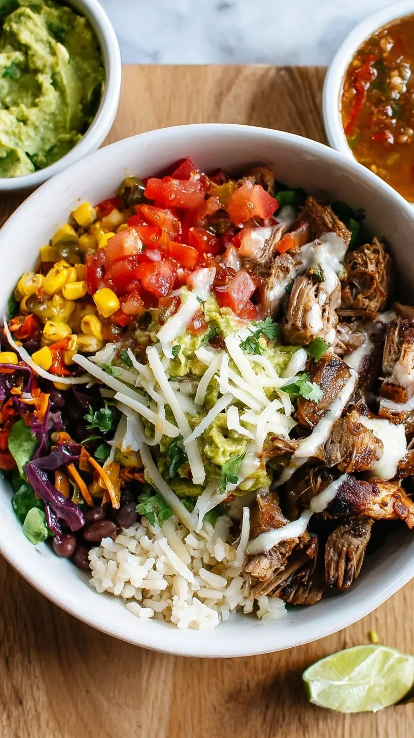 A colorful Carnitas Burrito Bowl with shredded pork, avocado, and lime rice in a white bowl.