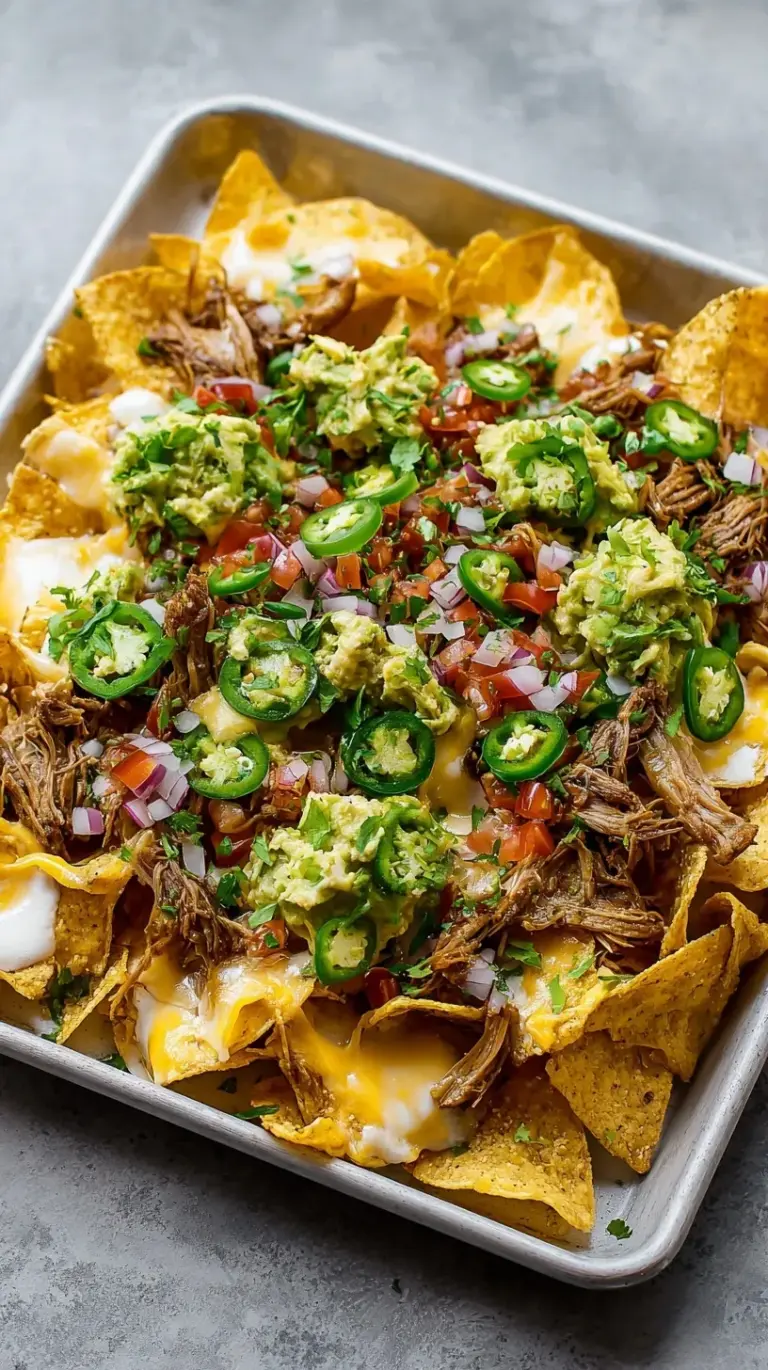 A tray of loaded Carnitas Nachos with melted cheese, black beans, and fresh guacamole