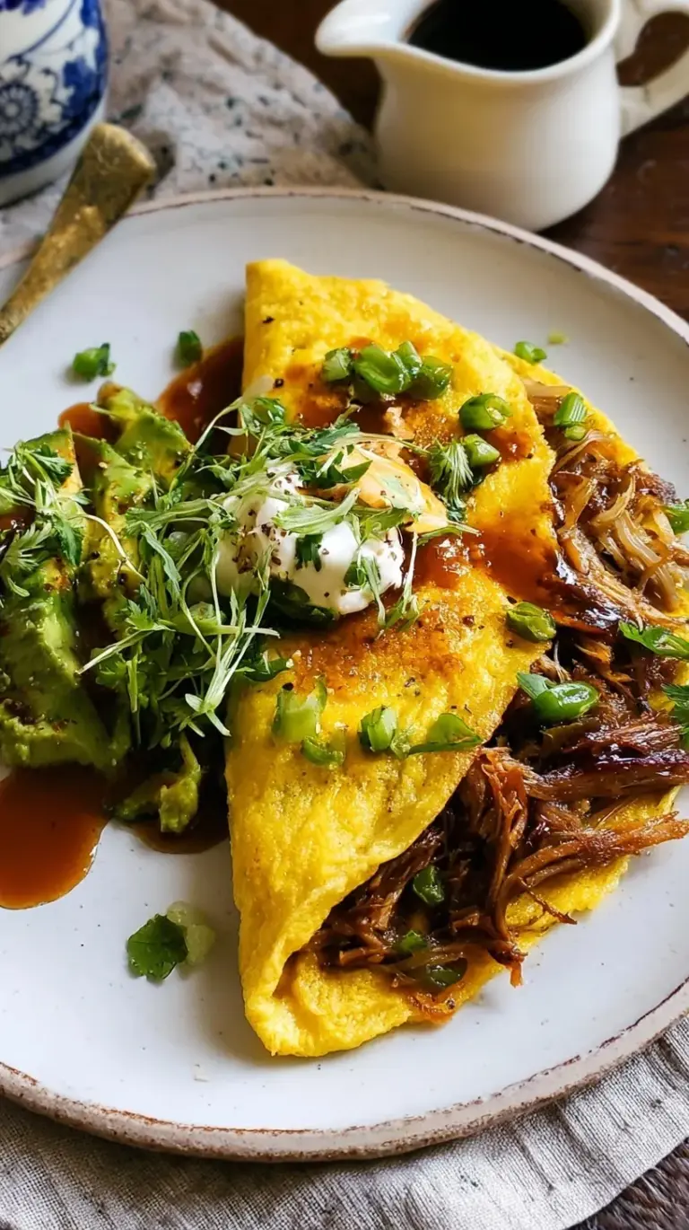 A golden brown Carnitas Omelette topped with fresh cilantro on a white plate.