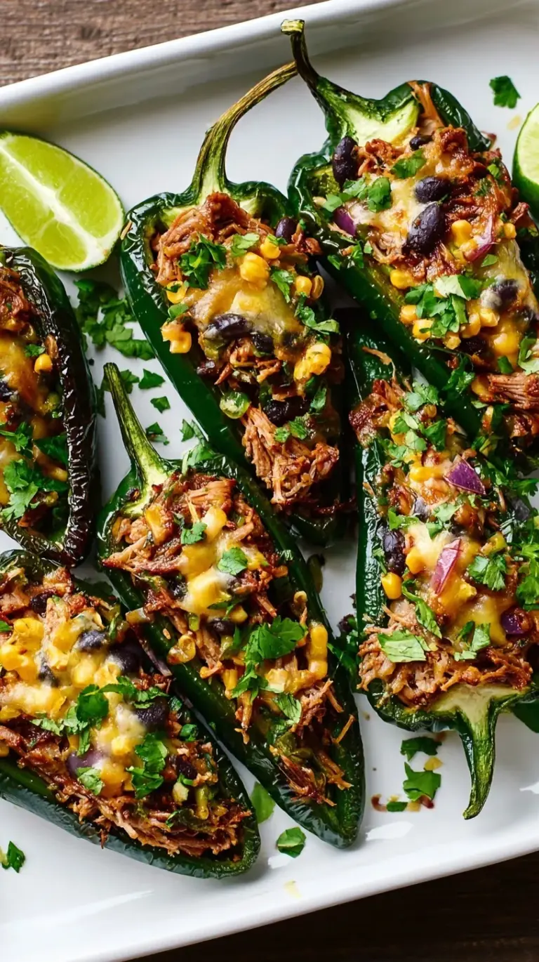 Golden-brown Carnitas Stuffed Poblano Peppers baked to perfection, garnished with cilantro and a dollop of crema.