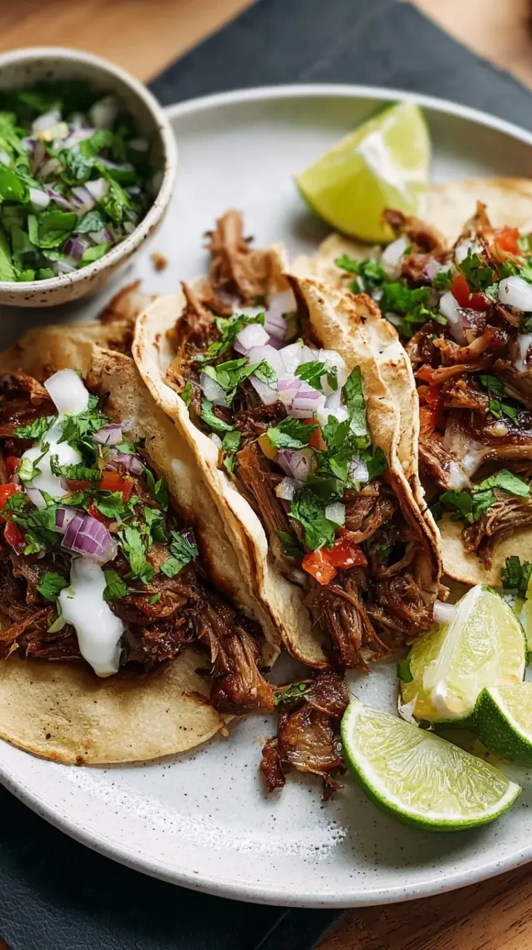 A close-up of two homemade carnitas tacos, filled with golden, crispy pork, fresh cilantro, and diced onions, served on warm corn tortillas.