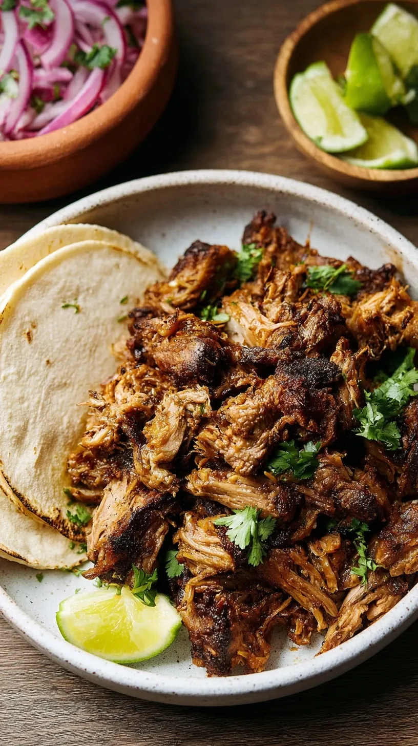 A close-up of golden-brown, crispy carnitas piled high, garnished with fresh cilantro and lime wedges.