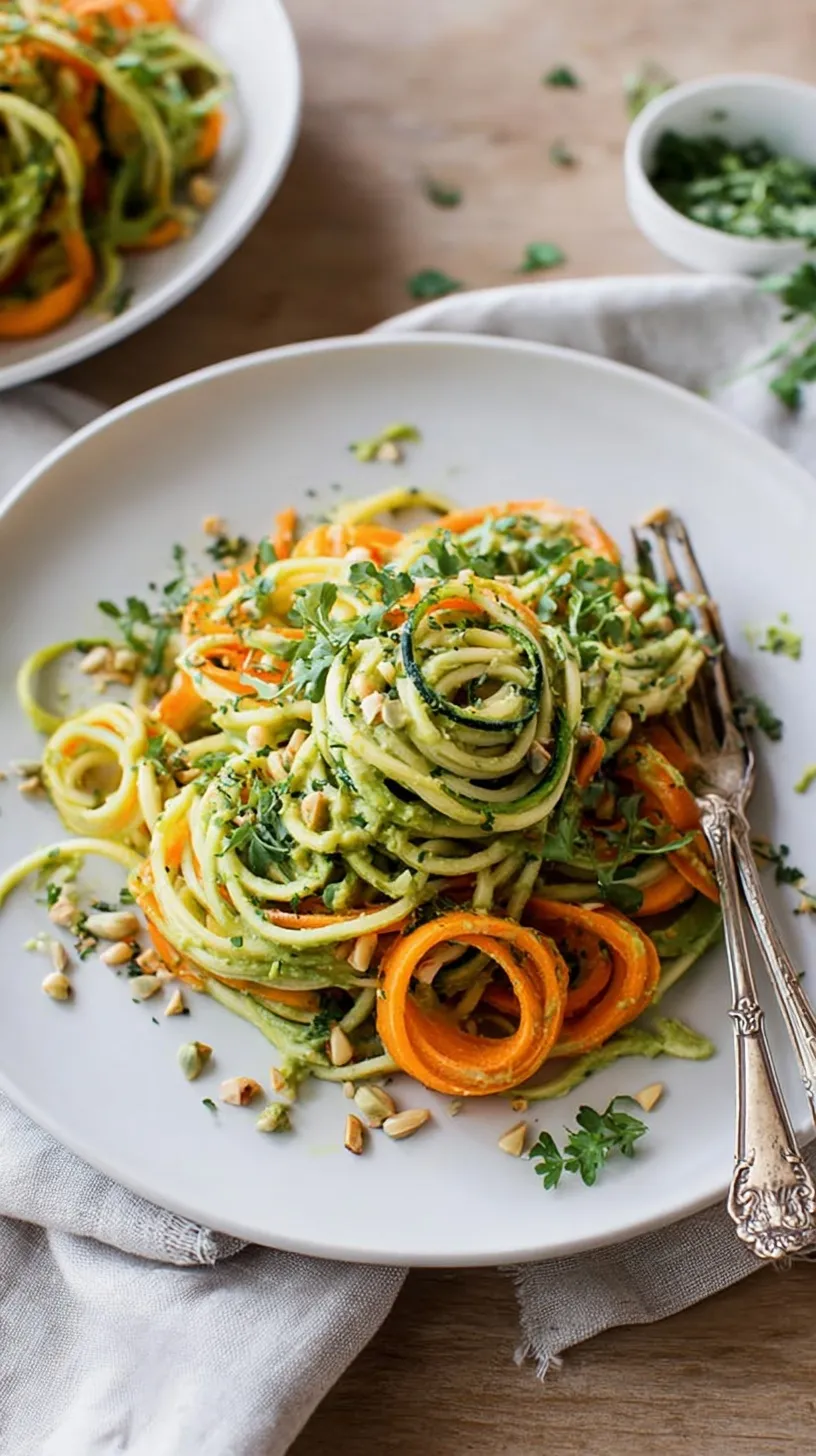 A bowl of spiralized zucchini and carrot noodles tossed in a creamy green avocado and cucumber sauce.