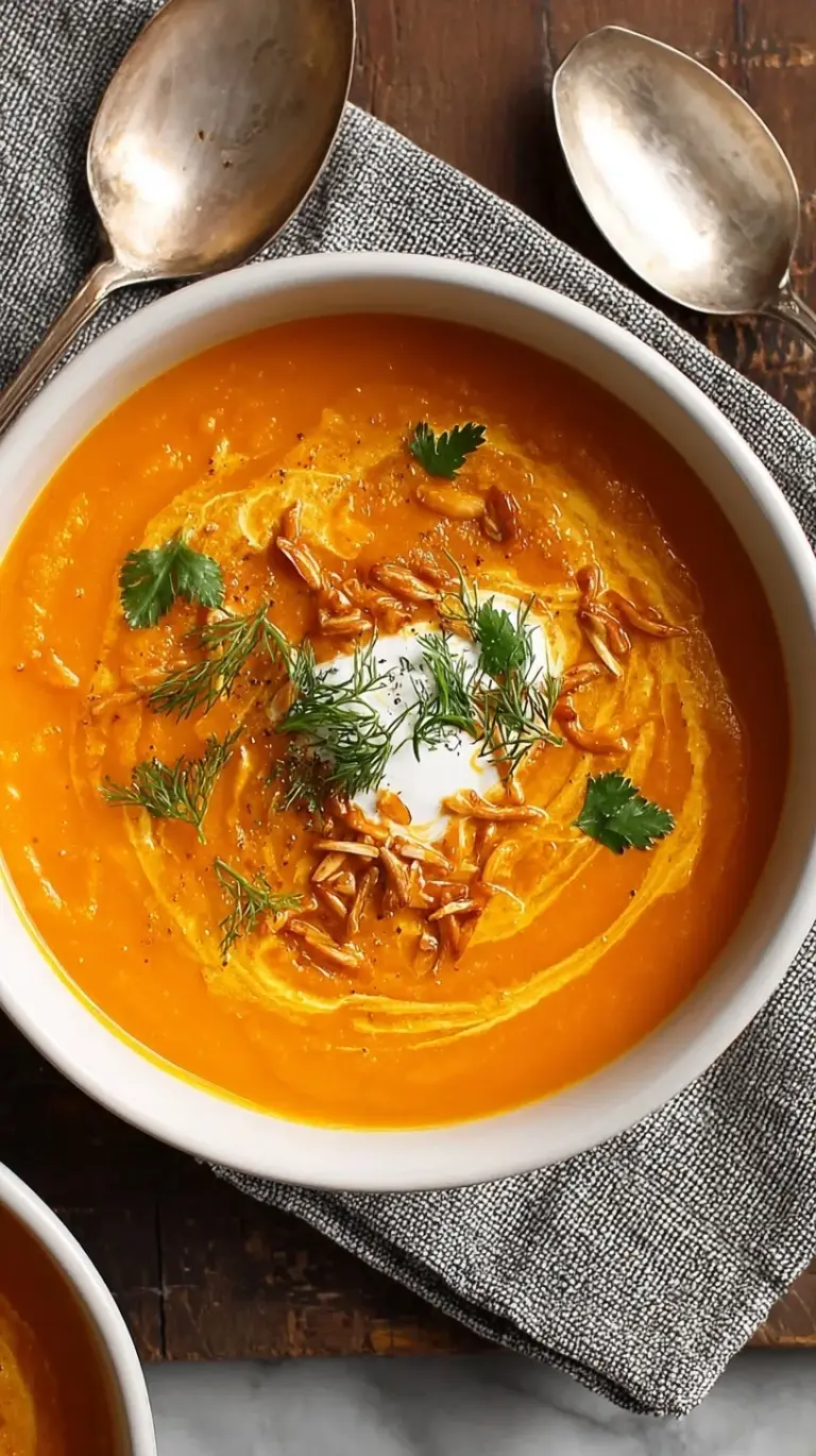 A close-up of a bowl of vibrant orange carrot ginger soup, garnished with fresh herbs and a swirl of coconut cream.