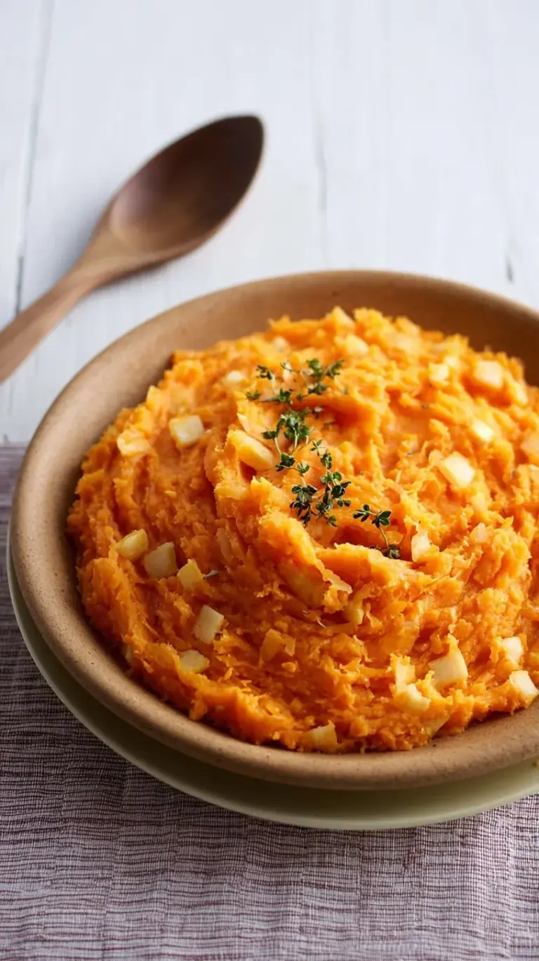 A bowl of vibrant orange and cream carrot parsnip mash topped with a pat of melting butter and fresh herbs.