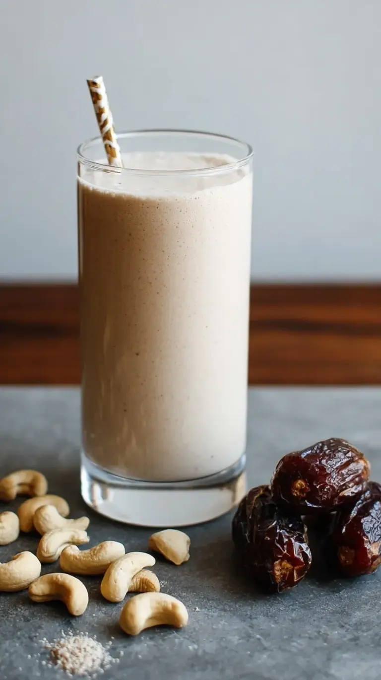 A creamy cashew date shake in a glass with a sprinkle of cinnamon on top