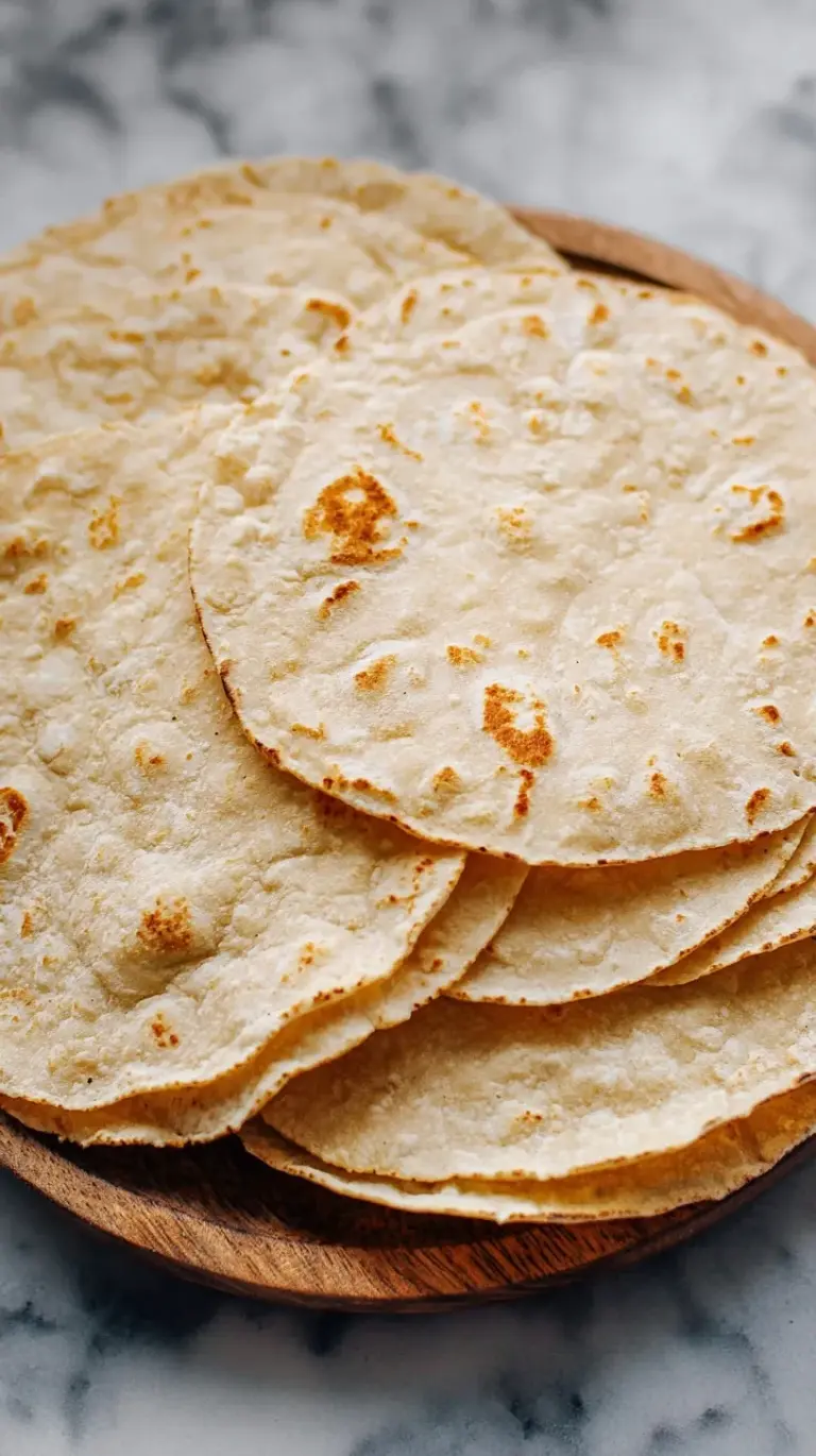 A stack of warm, flexible cassava flour tortillas wrapped in a clean kitchen towel.