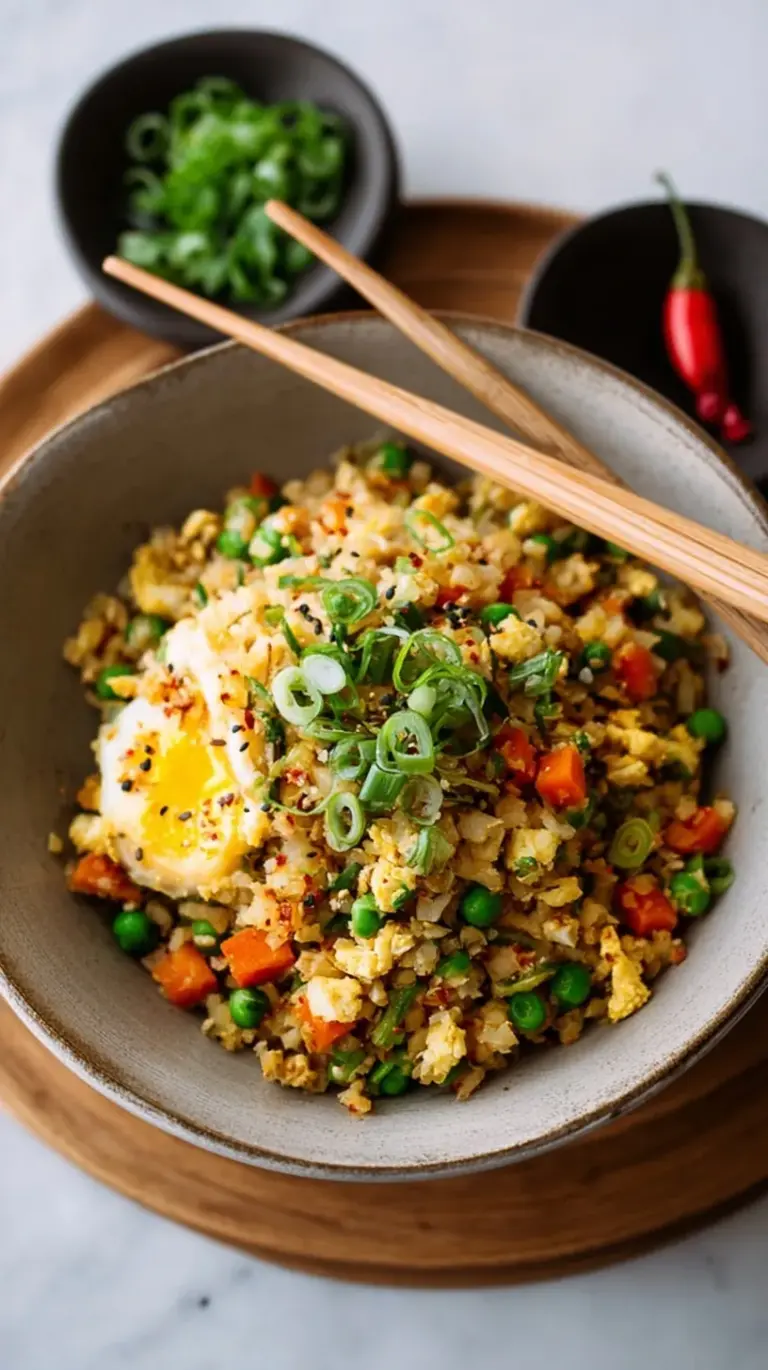 A vibrant skillet of golden cauliflower fried rice with colorful vegetables and a fried egg on top, ready to be served.