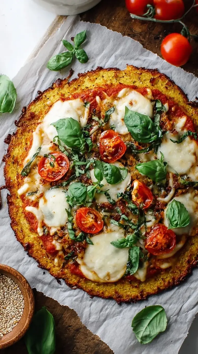 A golden brown cauliflower pizza crust on a parchment-lined baking sheet.
