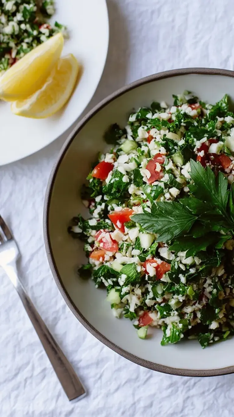A vibrant bowl of Cauliflower Rice Tabbouleh with fresh parsley, tomatoes, and cucumber.