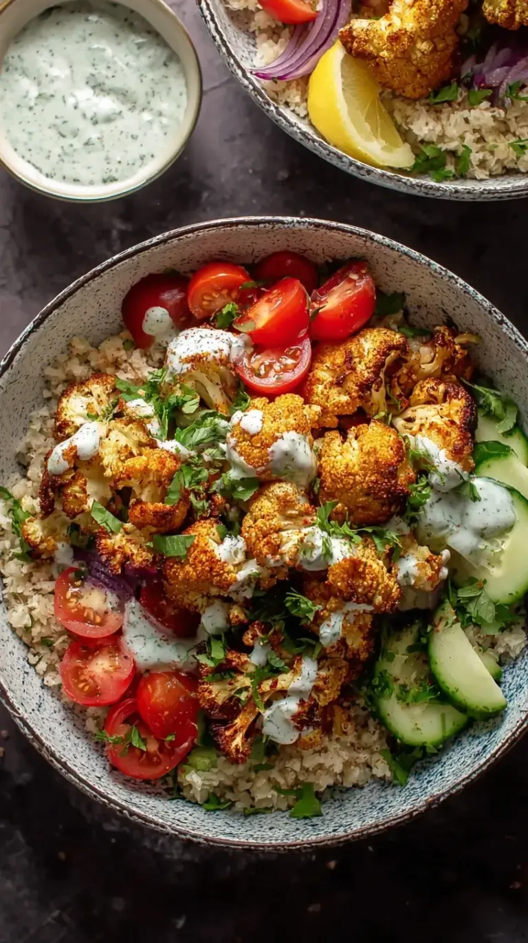 A vibrant bowl with roasted spiced cauliflower, basmati rice, cherry tomatoes, and tahini drizzle.