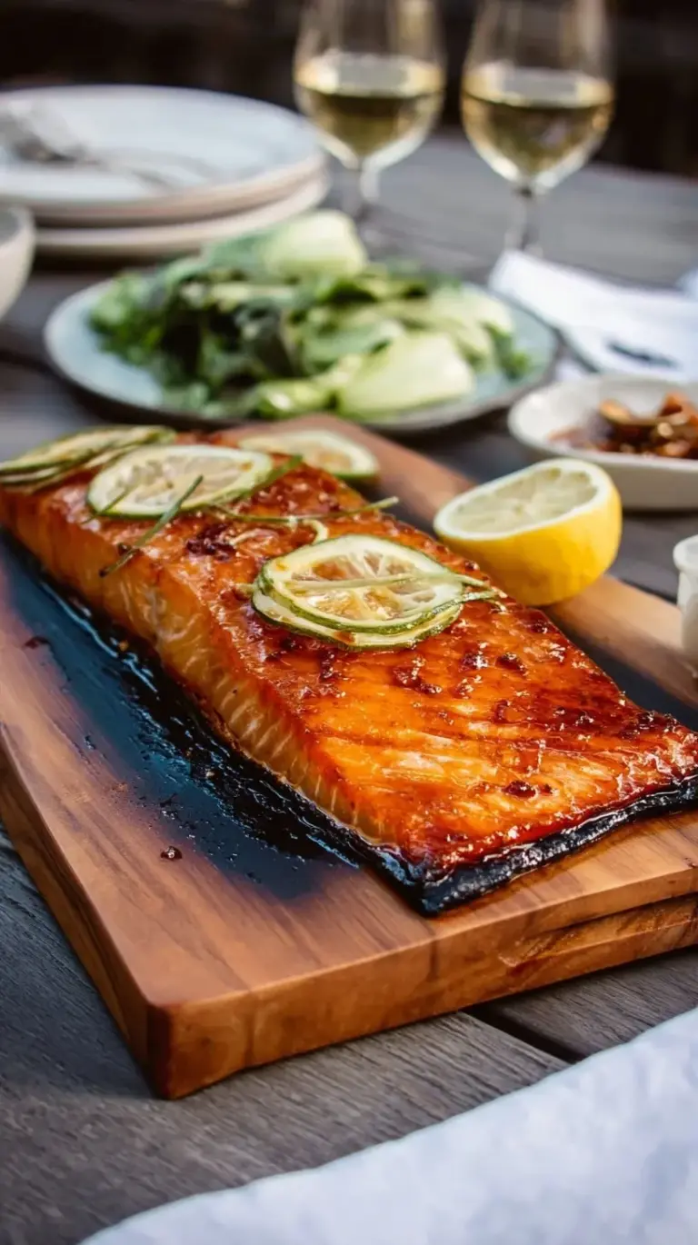 A beautifully grilled cedar plank salmon fillet with a glistening maple ginger glaze, garnished with fresh herbs.