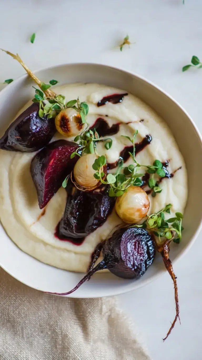 A white plate featuring a smooth celery root puree topped with vibrant red balsamic beets and golden pearl onions.