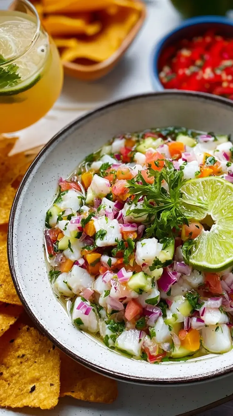A vibrant bowl of fresh ceviche with white fish, red onion, cilantro, and lime wedges, ready to be served.