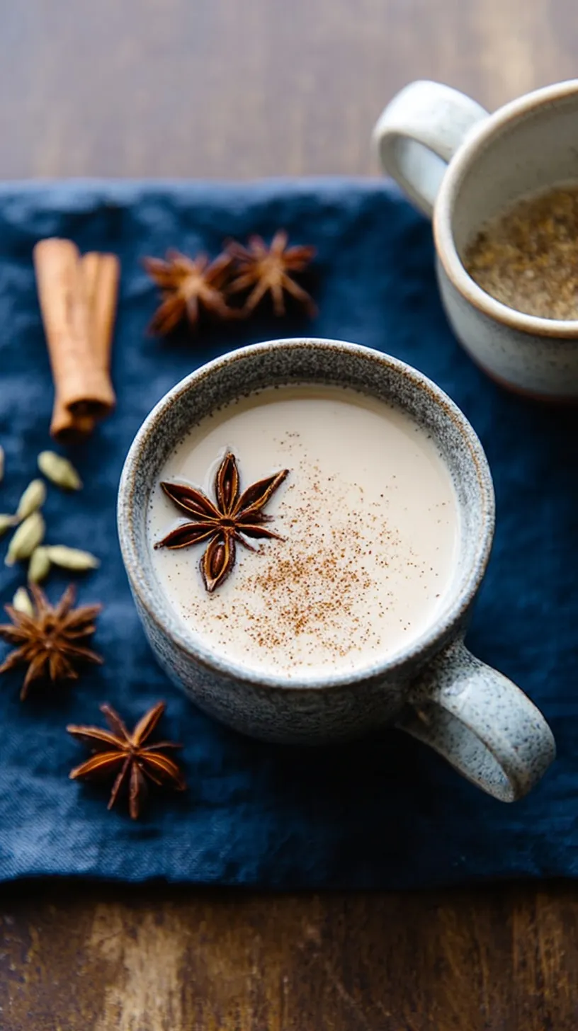 A steaming mug of creamy chai spiced coconut milk with a cinnamon stick garnish on a wooden table.