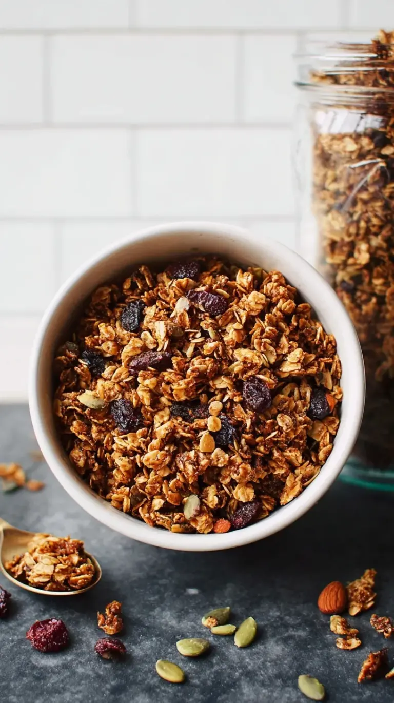 A tray of golden brown Chai Spiced Granola with pecans and pepitas on parchment paper.