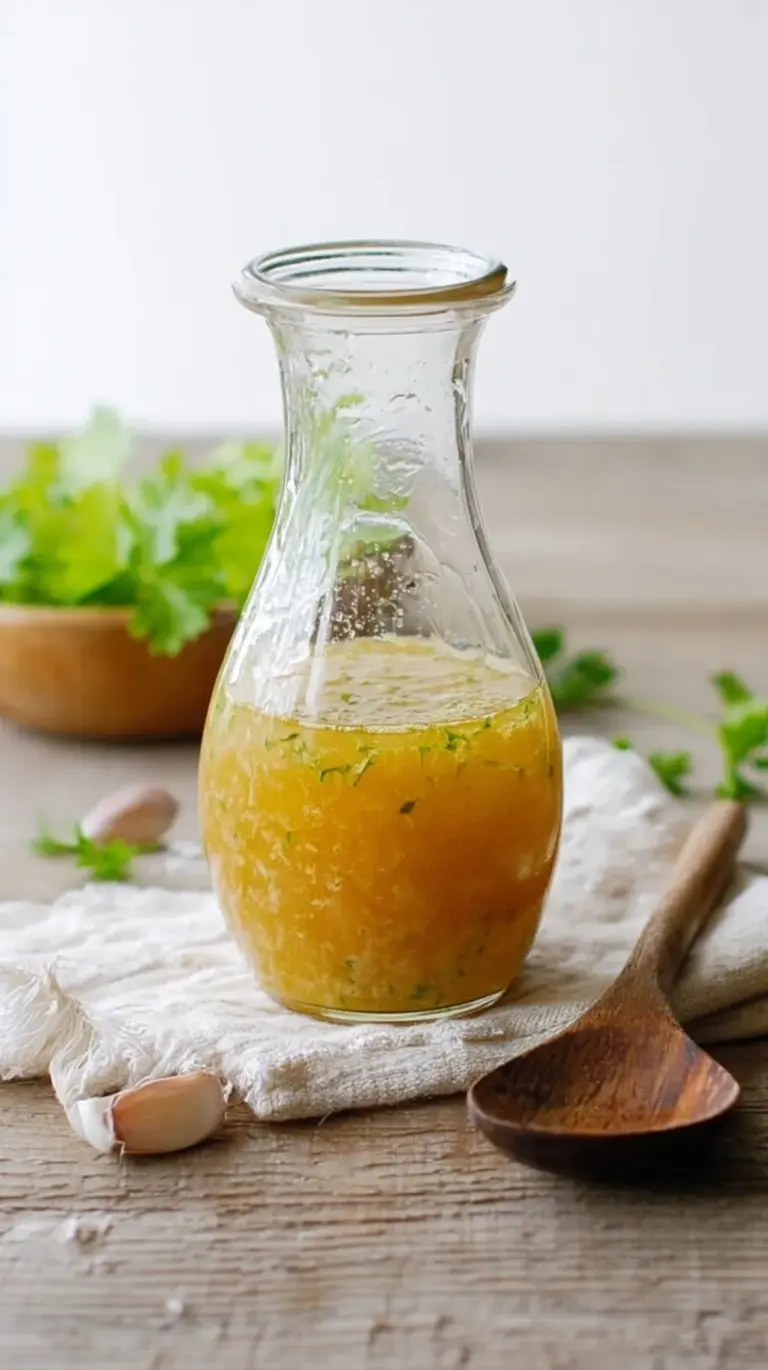 Freshly made champagne vinaigrette in a glass jar with a whisk, ready for a vibrant salad.