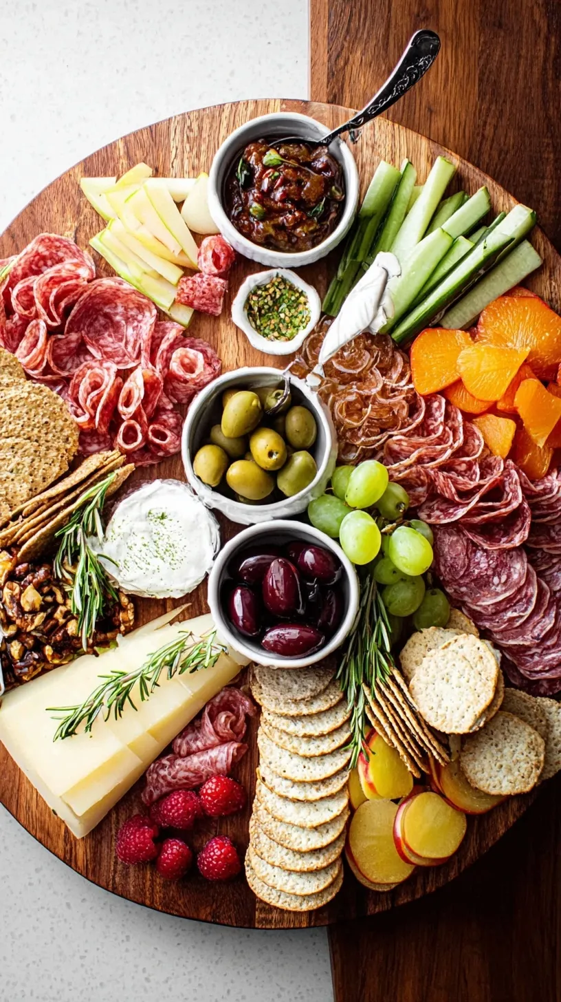 A beautifully arranged classic charcuterie board with cured meats, cheeses, grapes, and crackers on a wooden platter.
