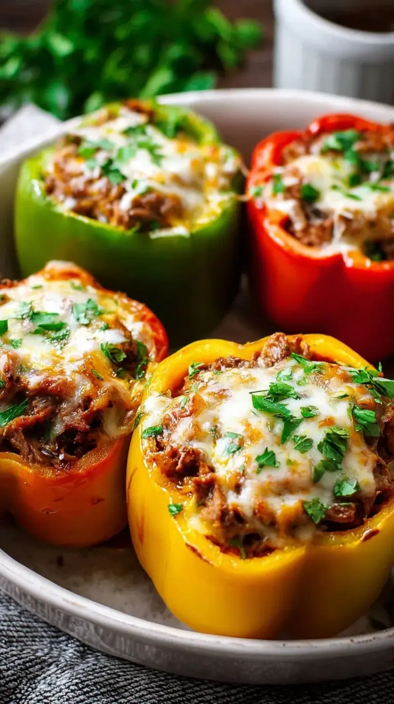 Golden melted cheese over steak and onion filled green bell peppers in a baking dish