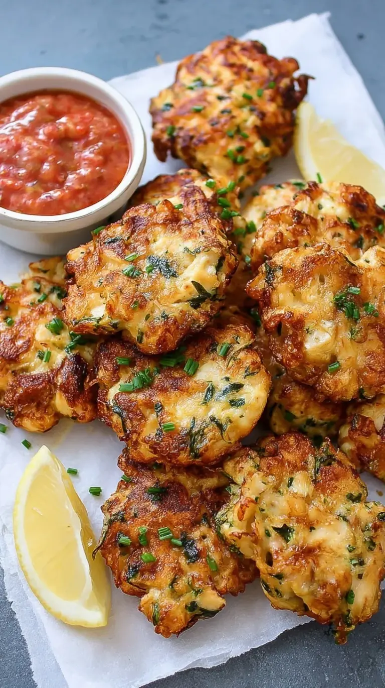 Golden brown cheesy chicken fritters on a plate with fresh dill and a side of dipping sauce