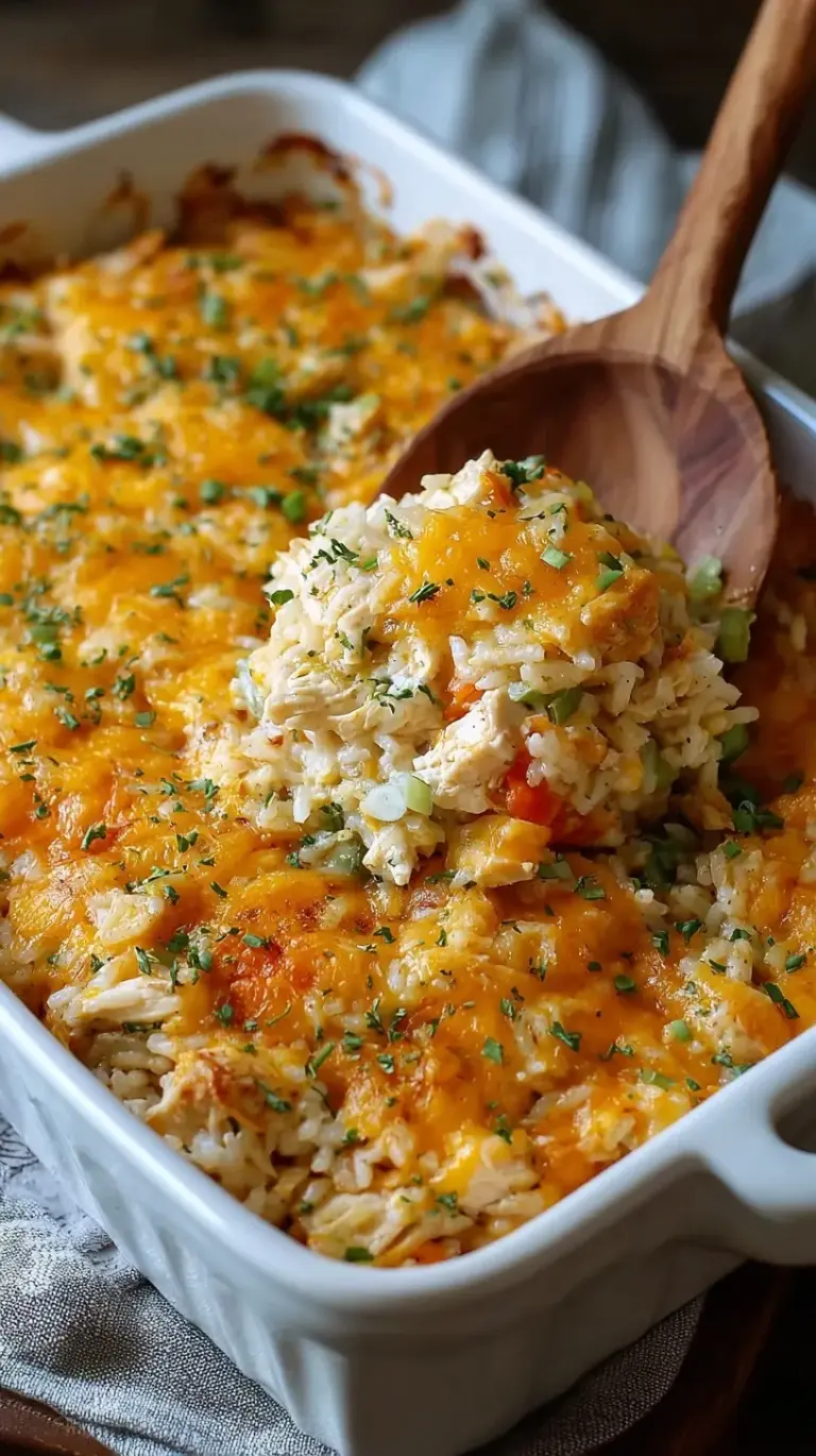 A golden, bubbly cheesy chicken and rice casserole in a white baking dish.