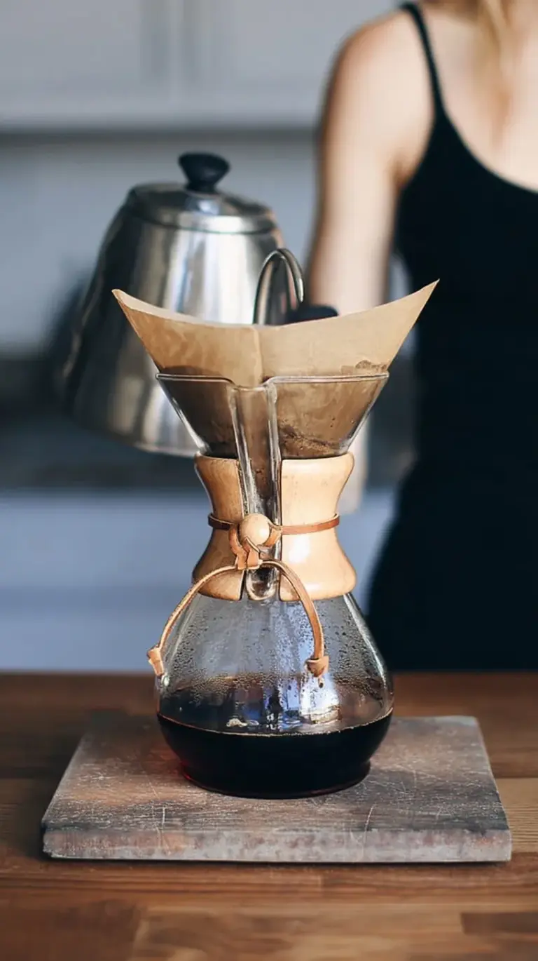 A clear glass Chemex carafe with freshly brewed coffee sitting on a wooden table in morning light