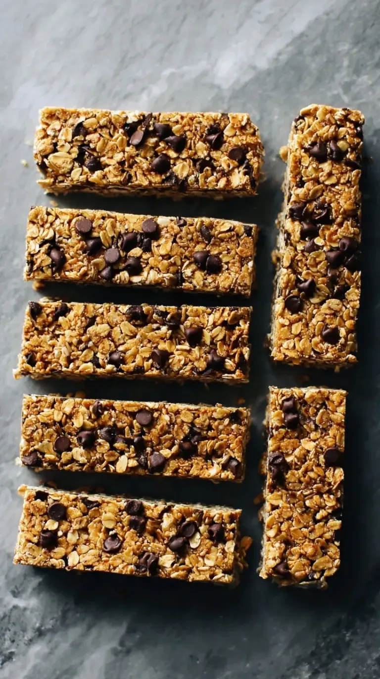 Homemade chewy chocolate chip granola bars with oats and mini chocolate chips on parchment paper.