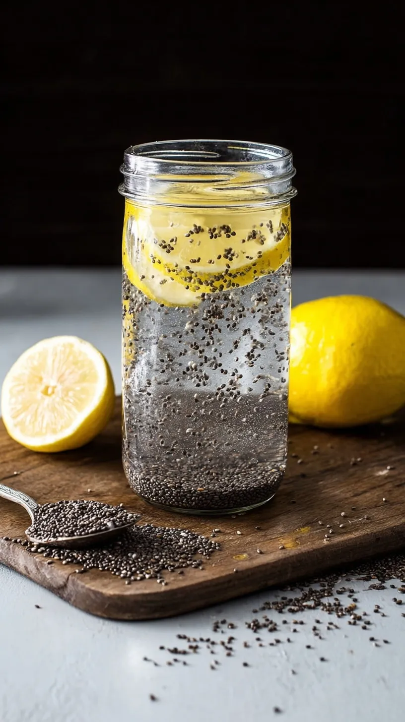 Glass of chia seed water with floating chia seeds on a light background